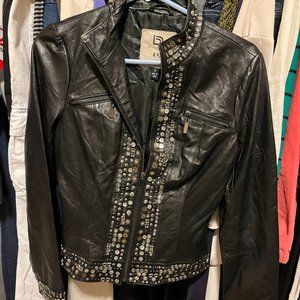 Blanc Noir Raw Leather Jacket 100% Genuine Leather Black Beaded Trim Size S